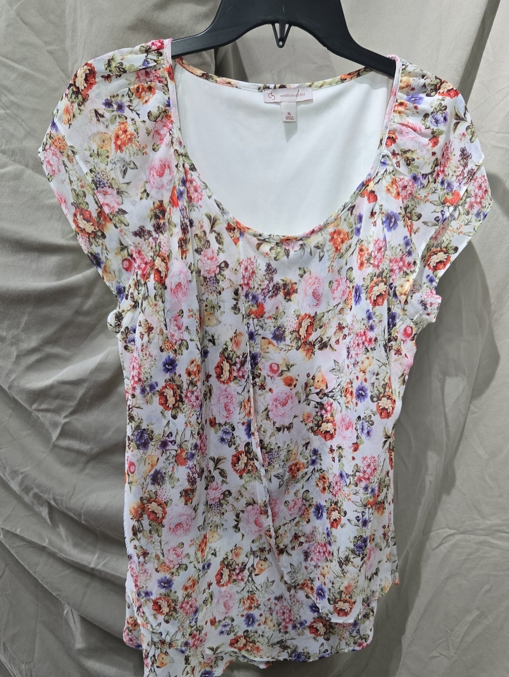 Women’s Floral Scoop-Neck Blouse in White with Pink & Purple Flowers